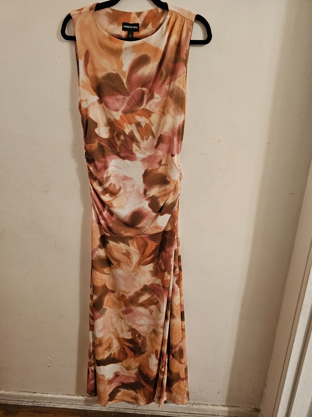 Kenneth Cole Pink/Coral & Brown Floral Sleeveless Maxi Dress with Ruched Side